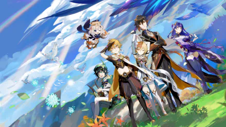 4K Ultra HD Genshin Impact PC wallpaper featuring Zhongli, Venti, Baal Raiden Shogun, Paimon, Lumine, and Aether in a vibrant, dynamic outdoor scene.