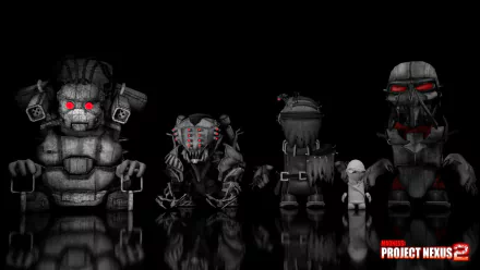 HD desktop wallpaper featuring characters from MADNESS: Project Nexus game with dark background and reflective floor effect.