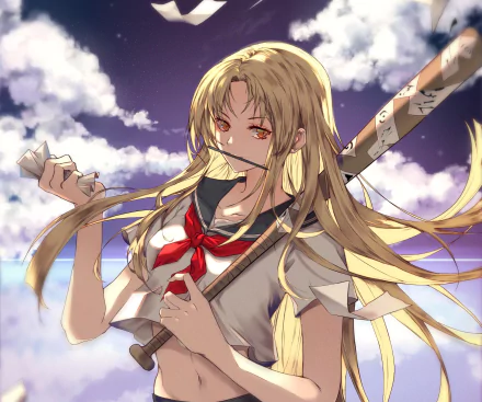 HD anime desktop wallpaper of Reiko Natsume (Natsume's Book of Friends) in a school uniform: windswept blonde hair, red eyes, clutching paper talismans and a wooden sword beneath a cloudy sky.