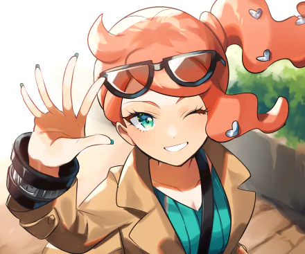 Sonia from Pokémon Sword & Shield winking and waving in anime style, vibrant 2K Quad HD PC desktop wallpaper/background.