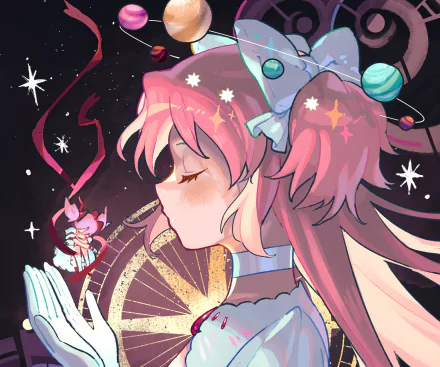 HD PC desktop wallpaper featuring Ultimate Madoka from Puella Magi Madoka Magica, showcasing her serene profile against a cosmic background with stars and planets.
