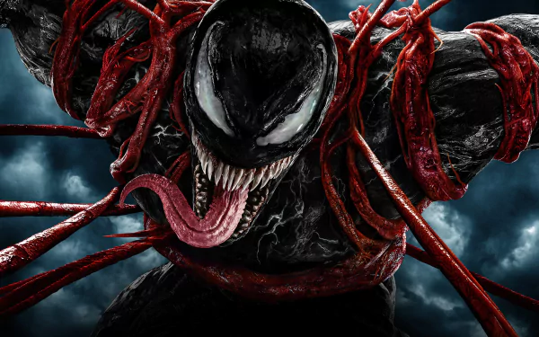 4K Ultra HD Venom desktop wallpaper featuring a close-up of Venom from the movie Venom: Let There Be Carnage, with red symbiote tendrils and a dark, stormy background.