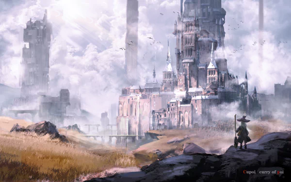 HD desktop wallpaper featuring an anime scene from The Journey of Elaina, showcasing a witch standing before an intricate, misty cityscape. Tags include city, witch, anime, The Journey of Elaina.