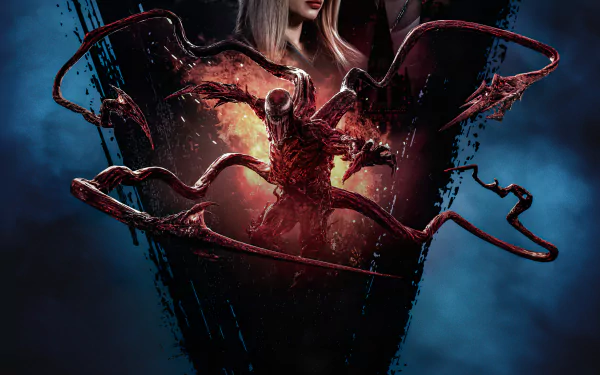 4K Ultra HD desktop wallpaper featuring Carnage from Marvel Comics in the movie Venom: Let There Be Carnage with dark, intense symbiote tendrils surrounding a figure.