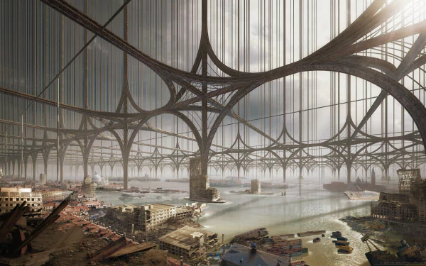 A sprawling post-apocalyptic cityscape under massive, futuristic metal arches with beams of light piercing through, rendered in stunning 4K Ultra HD detail.
