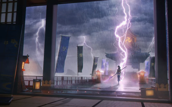 HD desktop wallpaper featuring Baal, the Raiden Shogun from Genshin Impact, standing in a temple as lightning strikes dramatically in the background.