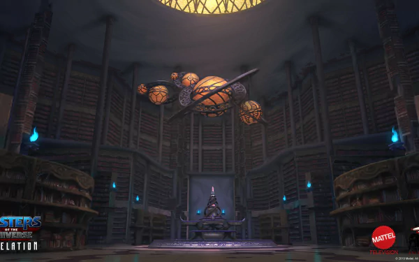 HD desktop wallpaper from the TV show Masters of the Universe: Revelation, featuring a mystical library with floating planets and a central throne.