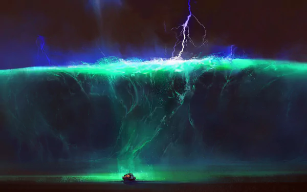 tsunami wave artistic boat ocean storm HD Desktop Wallpaper | Background Image