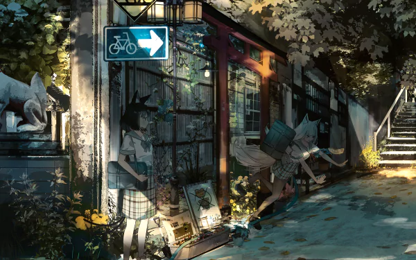 Anime girl with animal ears in uniform stands near a leafy street corner, captured in detailed 4K Ultra HD as soft sunlight filters through the trees.