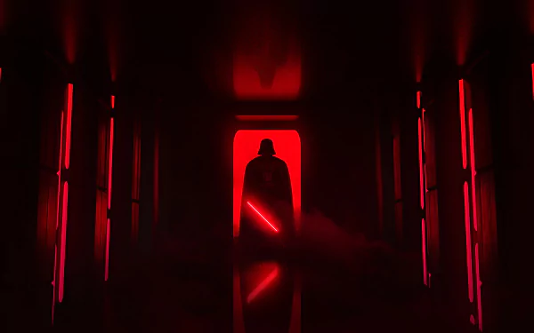 HD PC desktop wallpaper featuring Darth Vader from Star Wars, standing in a dark corridor illuminated by red light with his glowing red lightsaber.