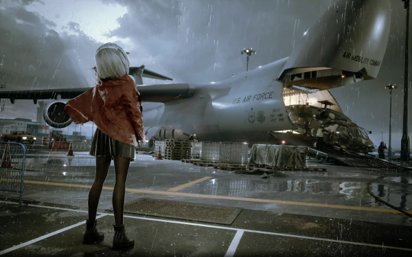 Anime girl stands in the rain at an airport tarmac with a large cargo plane in the background, rendered in stunning 8K Ultra HD for a PC desktop wallpaper.