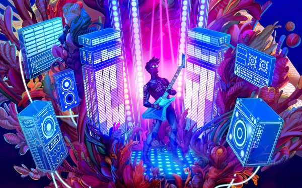 HD wallpaper of The Artful Escape featuring a character with a guitar surrounded by vibrant, neon-lit flora and speaker towers.