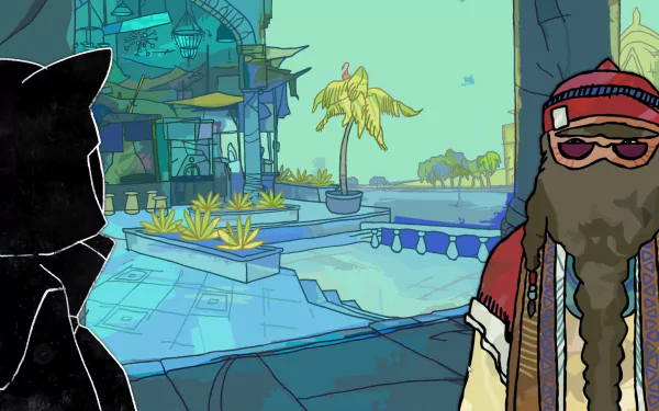 HD wallpaper featuring Signs of the Sojourner game art with colorful character and stylish background for desktop.