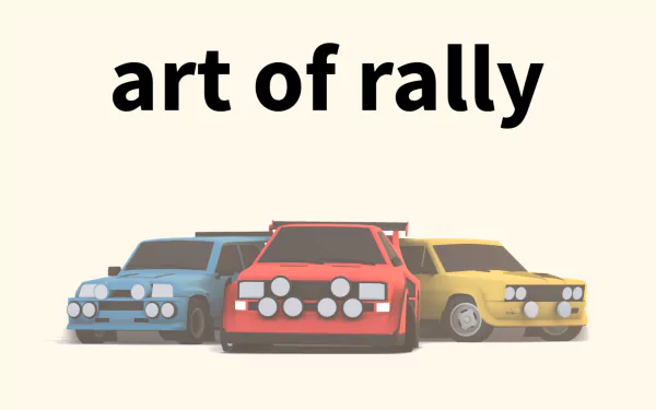 Art of Rally retro game wallpaper featuring three vintage rally cars with game title text.