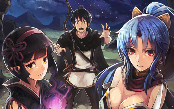 4K Ultra HD anime wallpaper featuring Tomoe, Makoto Misumi, and Mio from Tsukimichi: Moonlit Fantasy with a nighttime fantasy backdrop.