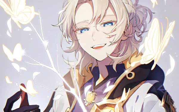 HD PC desktop wallpaper of Albedo from Genshin Impact, featuring the character surrounded by glowing butterflies and soft light effects.