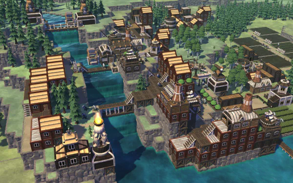 HD Timberborn game wallpaper featuring a vibrant beaver society with intricate wooden structures and waterways.