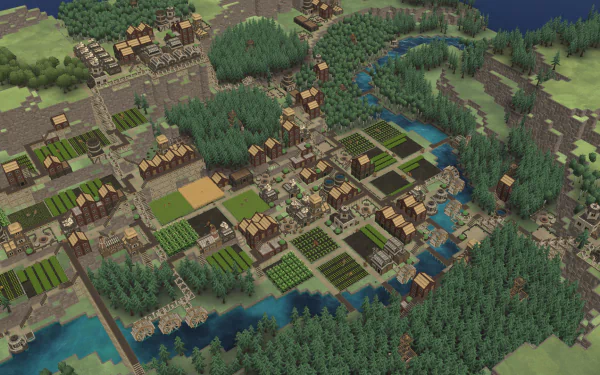 A vibrant HD wallpaper from the video game Timberborn, showcasing a detailed beaver settlement surrounded by lush forests and winding rivers.