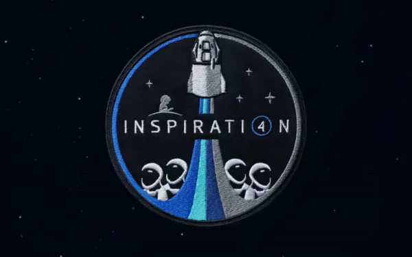 A vibrant HD wallpaper featuring the Inspiration4 mission patch, showcasing a spacecraft launching with astronaut silhouettes against a starry background.