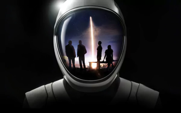 HD desktop wallpaper featuring the silhouette of four individuals witnessing a rocket launch, as seen through the reflection of an astronaut's helmet visor, with a dark backdrop, tagged with Inspiration4.