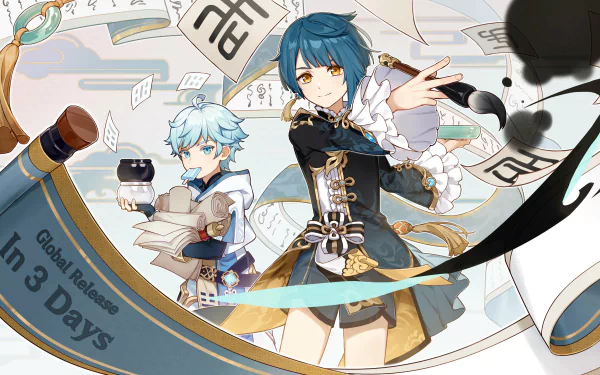 4K Ultra HD PC desktop wallpaper featuring Xingqiu and Chongyun from the video game Genshin Impact in dynamic poses with calligraphy and mystical effects.