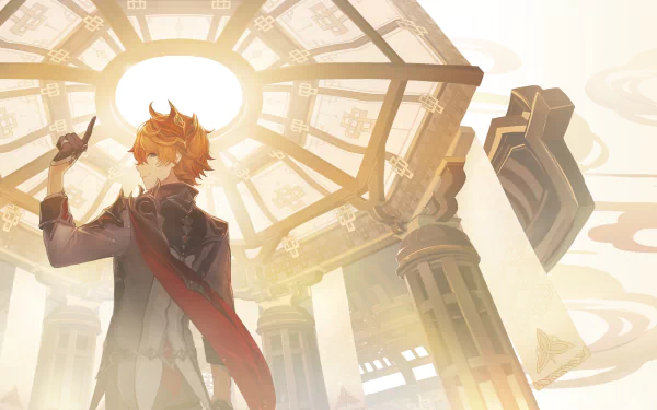 HD PC desktop wallpaper featuring Tartaglia Childe from the video game Genshin Impact, set against a bright, intricate architectural background.
