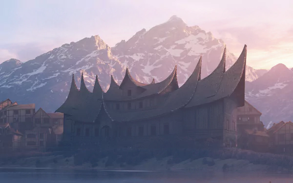 A medieval fantasy building with curved rooftops set against towering mountains, rendered in stunning 4K Ultra HD for PC desktop background.