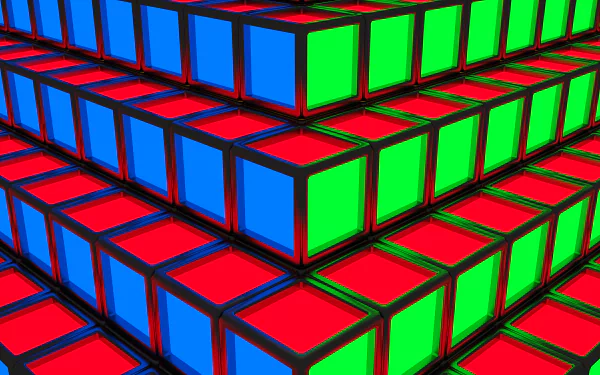 HD wallpaper featuring a pattern of red, green, and blue 3D cubes for desktop background.