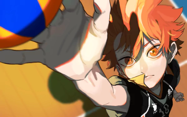 Shōyō Hinata (Haikyū!!) lunging to spike a volleyball in a dynamic low-angle view, bright orange hair and Karasuno jersey — 2K Quad HD PC desktop wallpaper.