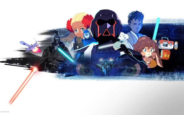 4K Ultra HD PC desktop wallpaper for the TV show Star Wars: Visions — anime-style cast, masked villain, glowing lightsabers and droids arranged over a bold brushstroke background.