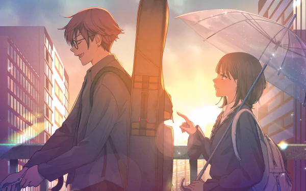 Anime 4K Ultra HD PC desktop wallpaper and background of two friends on a city bridge at sunset — one with a guitar case, the other holding a transparent umbrella, bathed in warm golden light.