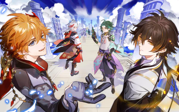 2K Quad HD PC wallpaper of Genshin Impact characters Tartaglia (Childe), Zhongli, Xingqiu, Xiao, Venti, Keqing, Kaedehara Kazuha and Chongyun on a sunlit archway.