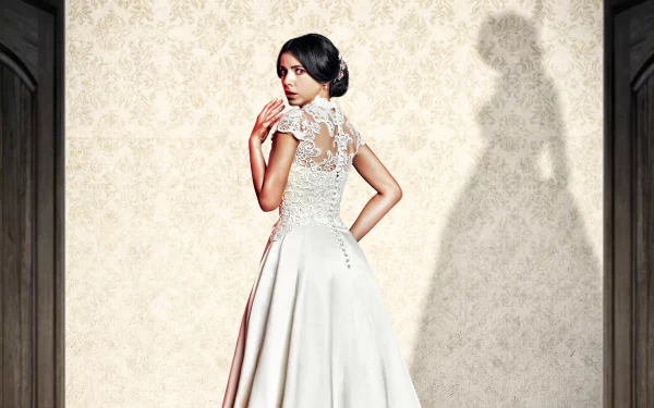 Elegant woman in vintage dress posing for HD desktop wallpaper and background.