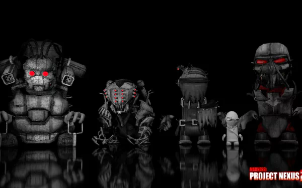 HD desktop wallpaper featuring characters from MADNESS: Project Nexus game with dark background and reflective floor effect.