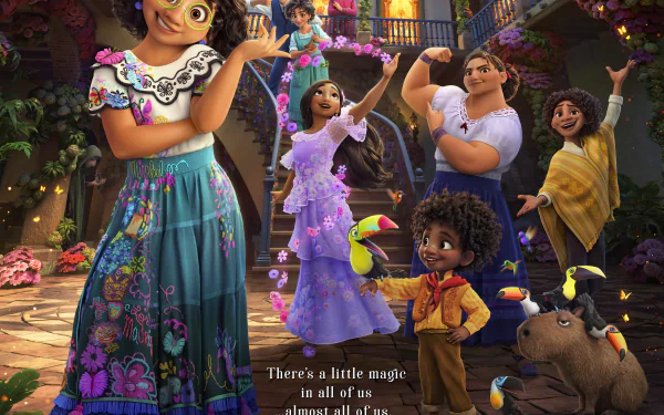 4K Ultra HD PC desktop wallpaper featuring Mirabel Madrigal and family from the movie Encanto, vibrant and colorful with a magical, festive atmosphere.