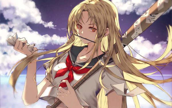 HD anime desktop wallpaper of Reiko Natsume (Natsume's Book of Friends) in a school uniform: windswept blonde hair, red eyes, clutching paper talismans and a wooden sword beneath a cloudy sky.