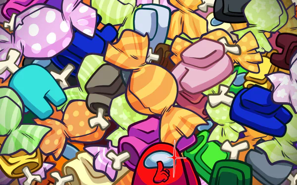 HD PC desktop wallpaper featuring colorful Among Us characters mixed with vibrant candy pieces in a playful, detailed video game-themed design.