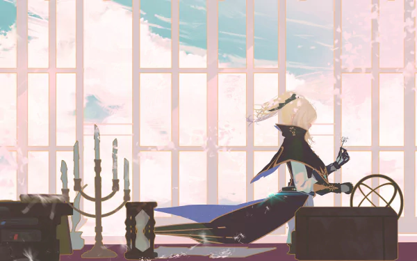 HD PC desktop wallpaper featuring Jean from the video game Genshin Impact, seated gracefully in a room with large windows and soft natural light.