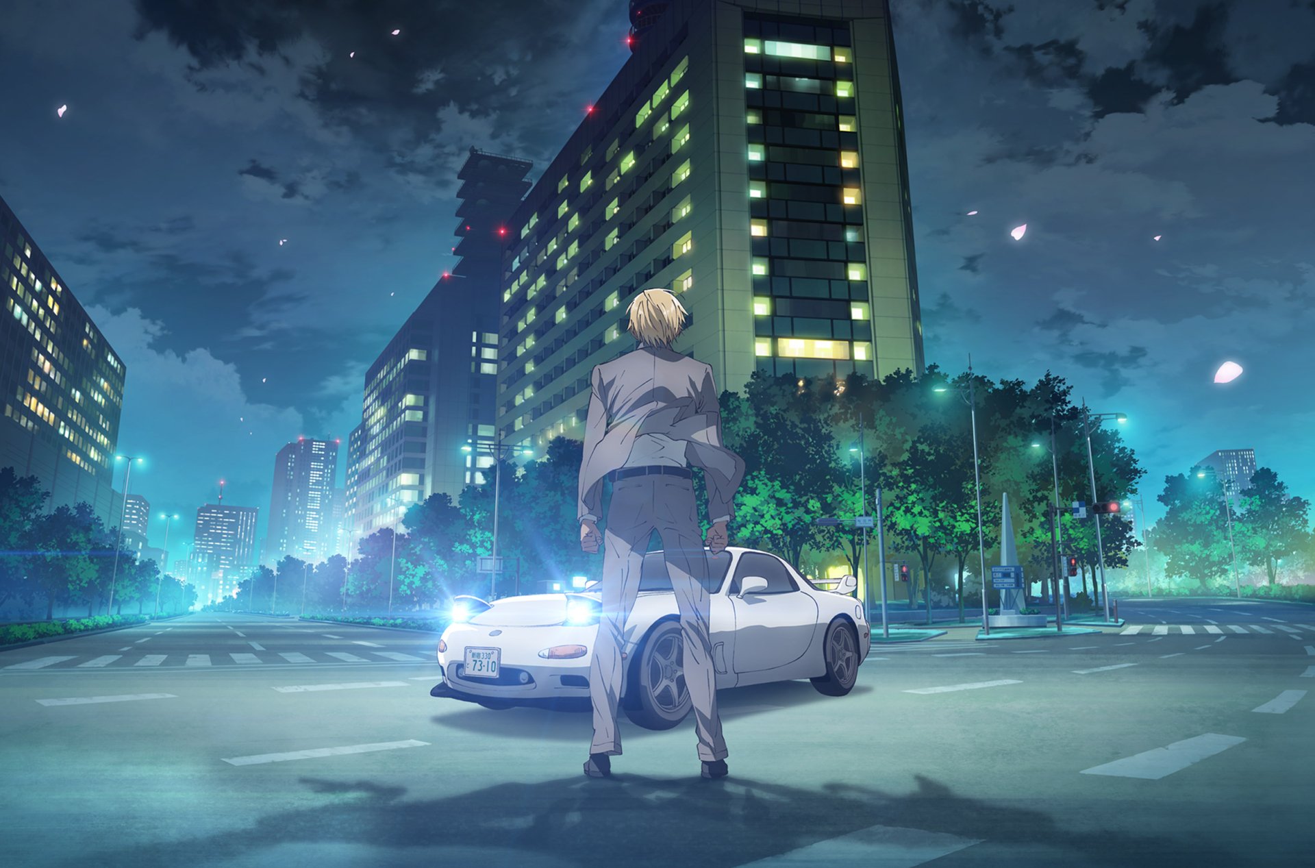 HD PC desktop wallpaper featuring Rei Furuya from Detective Conan standing by a sleek car under a vibrant city night sky, showcasing detailed anime artwork.
