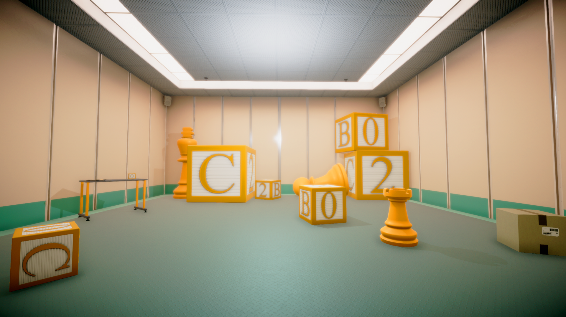 HD Superliminal game wallpaper featuring perspective-based puzzles in a surreal room with oversized chess pieces and letters.