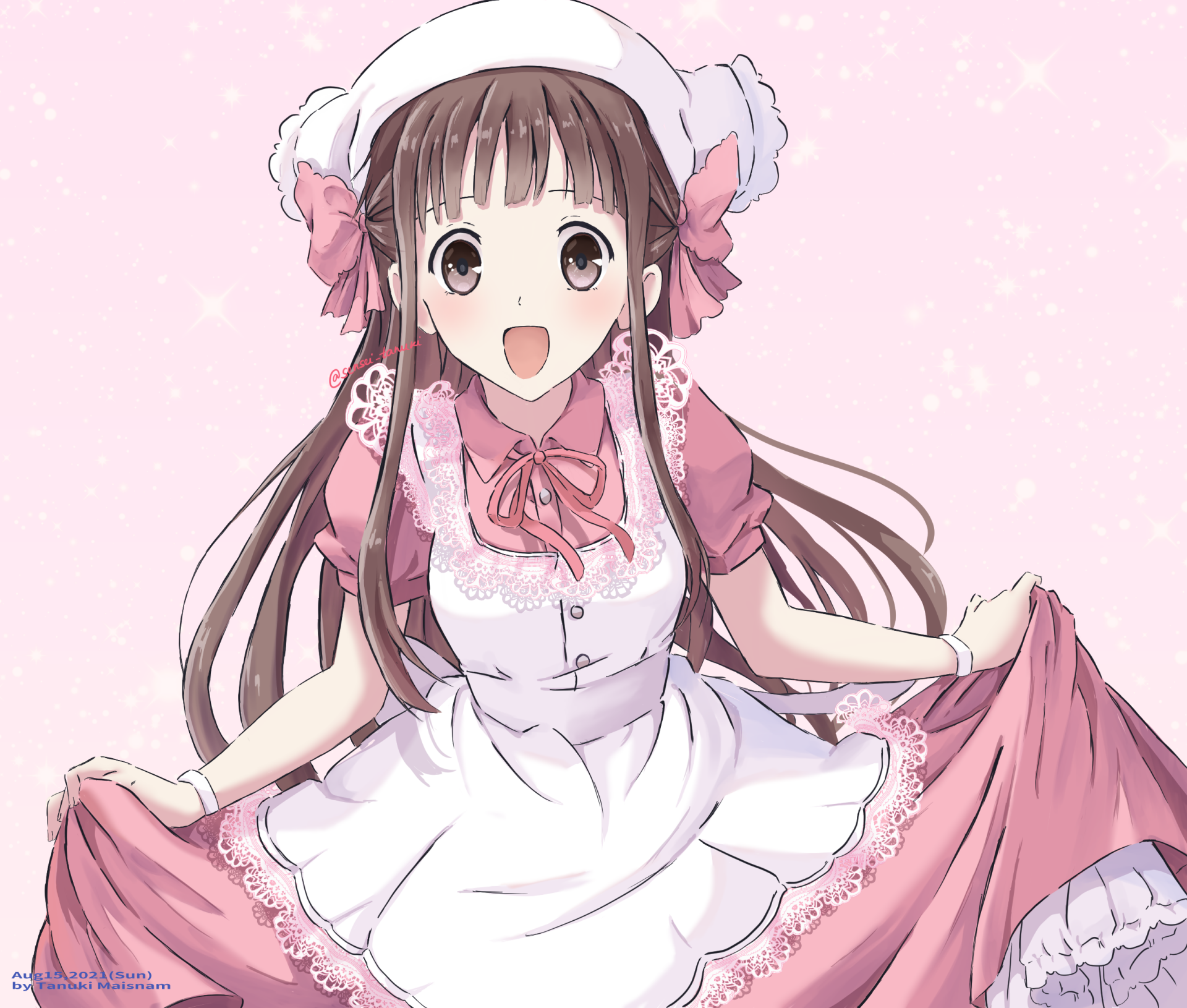 Tohru Honda (Fruits Basket) in a pink maid outfit, smiling and holding her skirt against a soft pink background — 2K Quad HD anime desktop wallpaper.