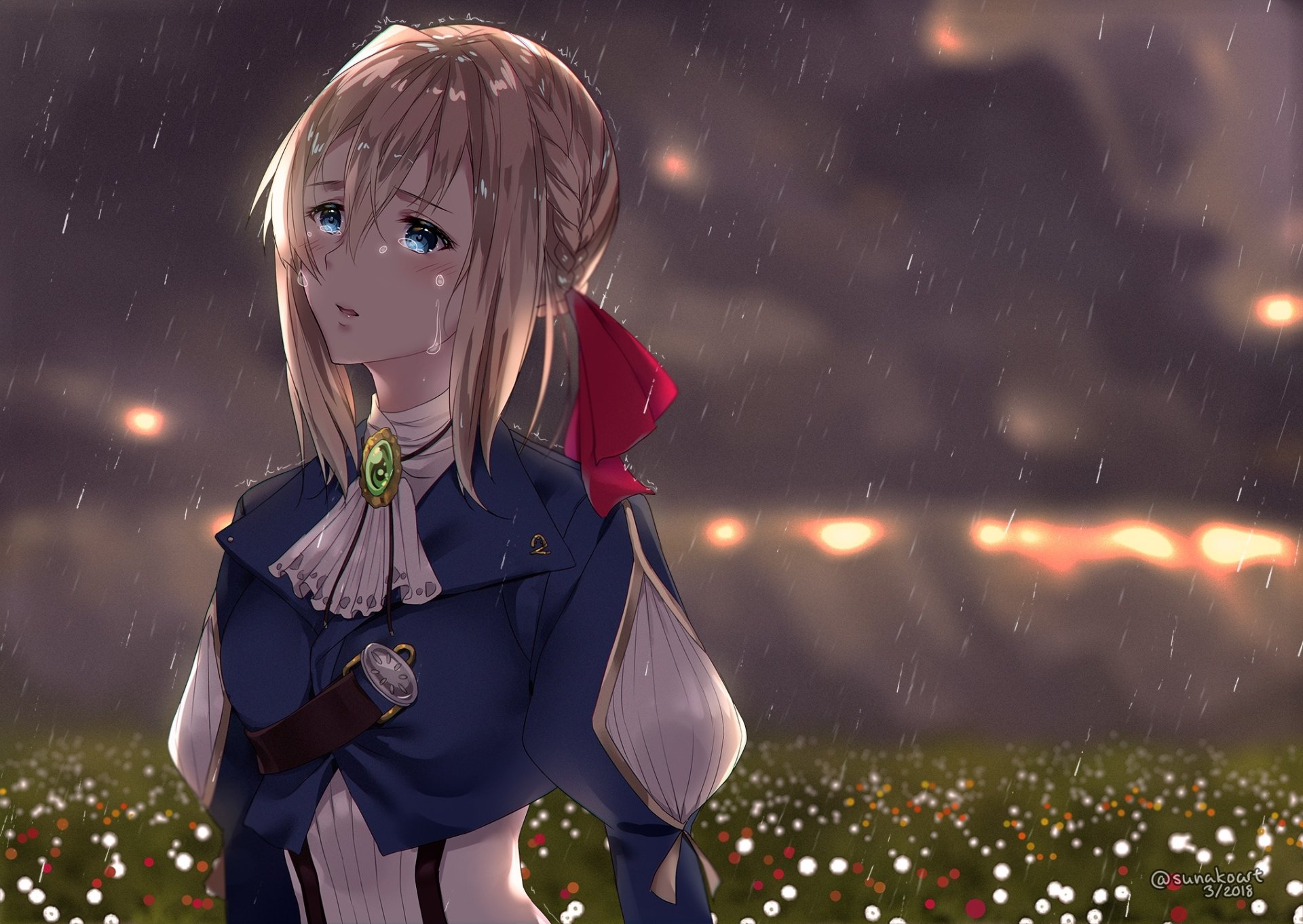 Violet Evergarden anime portrait in rain, blue uniform with red ribbon, wistful expression over a flowered field — HD PC desktop wallpaper and background.