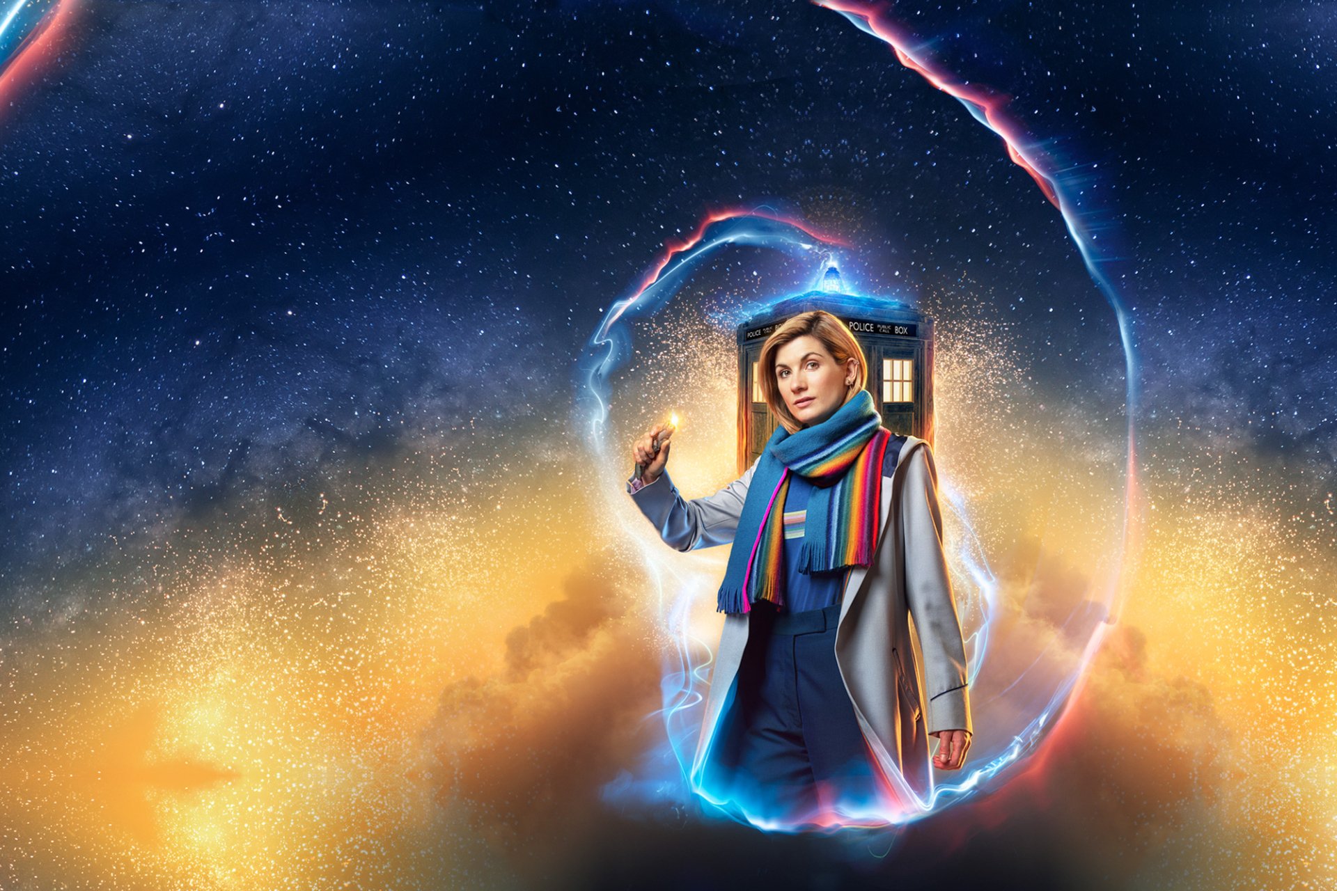 HD desktop wallpaper featuring Jodie Whittaker as the Thirteenth Doctor from the TV show Doctor Who (2005), set against a vibrant cosmic background with the TARDIS.