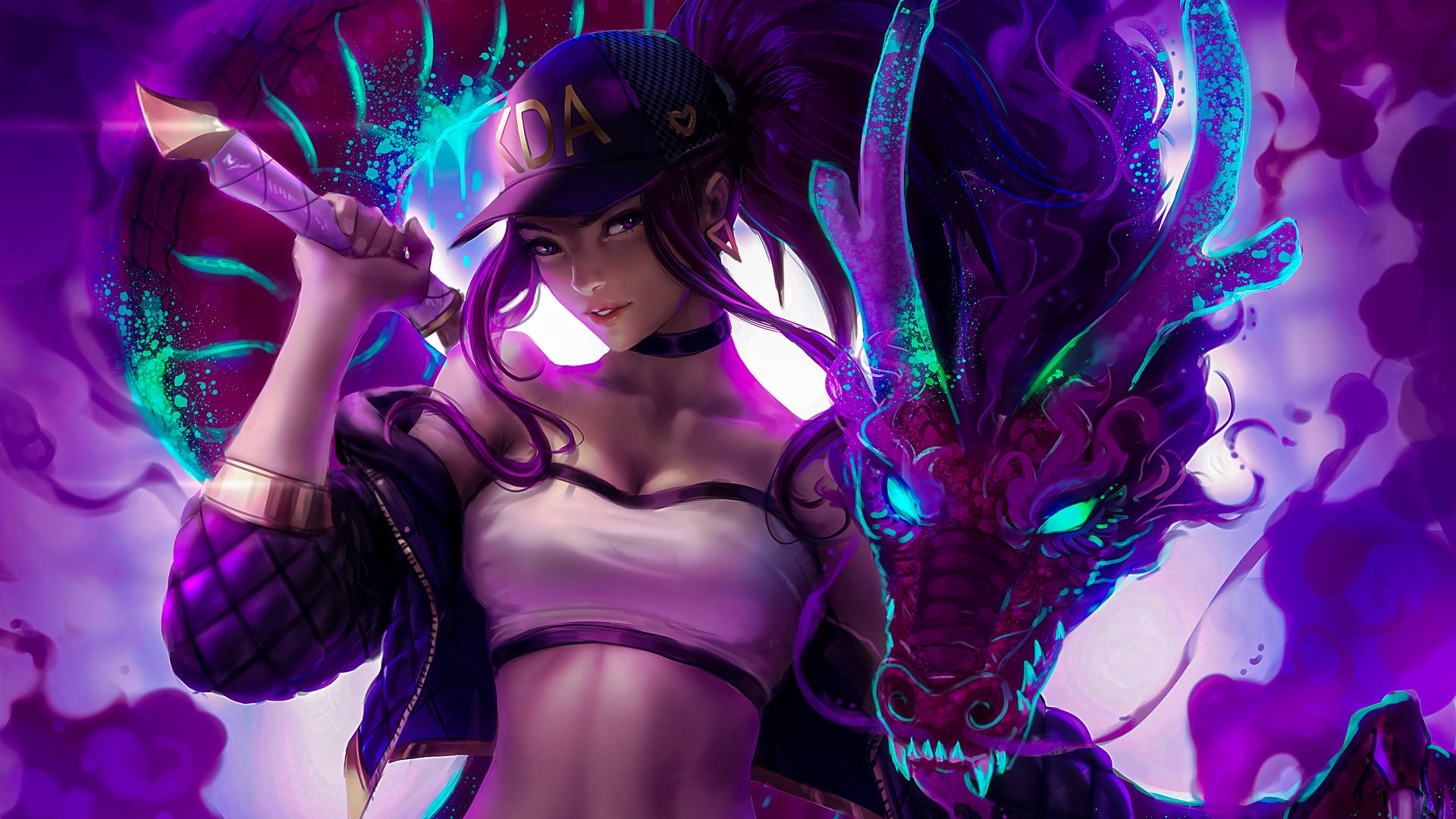 K/DA Akali from the video game League of Legends — 4K Ultra HD PC desktop wallpaper: neon-purple portrait of Akali in streetwear and cap, wielding a kunai beside a glowing spectral dragon.