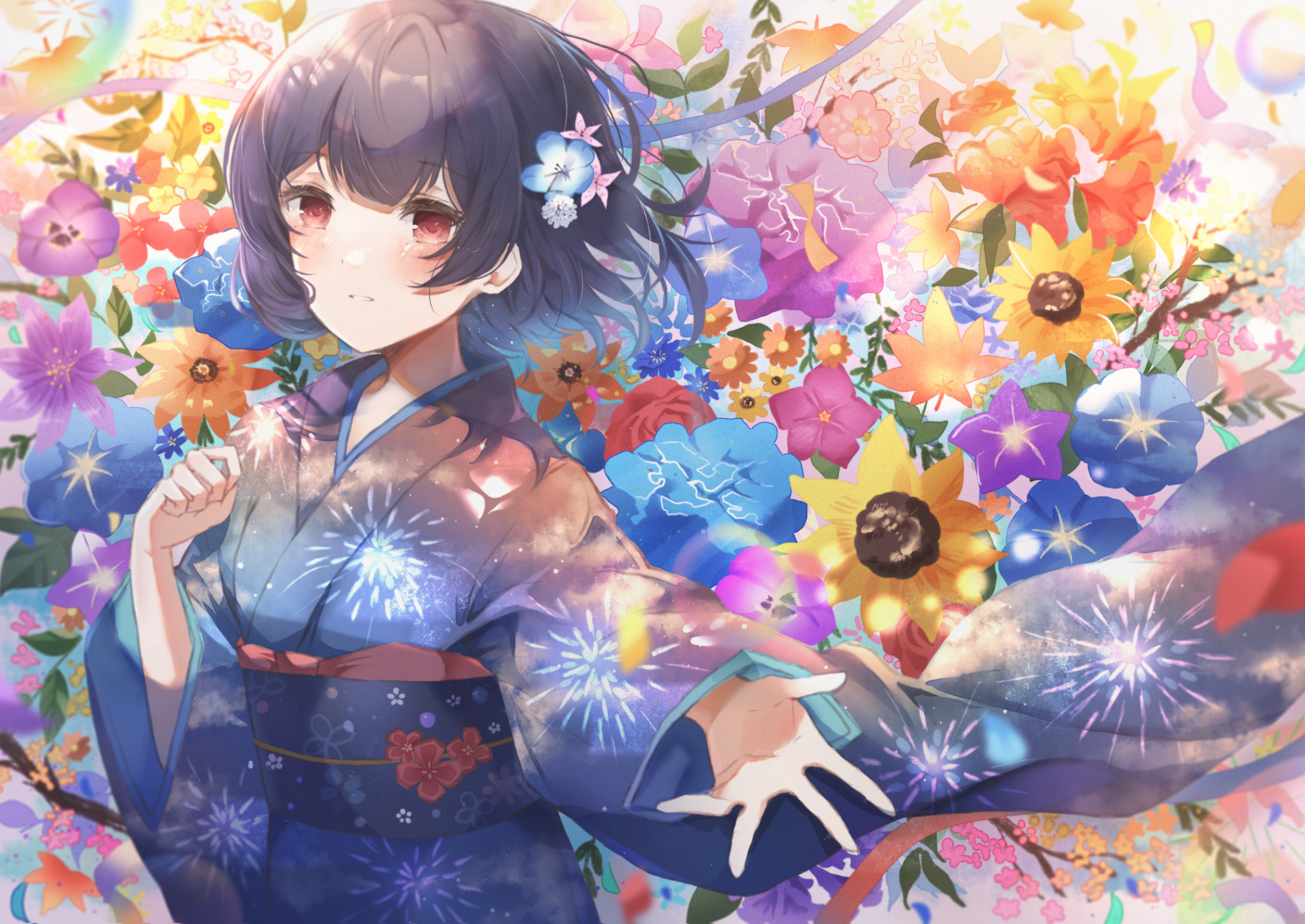 Rinze Morino from THE iDOLM@STER: Shiny Colors in a dark blue kimono with fireworks motifs, reaching out amid a vivid sea of flowers — HD anime desktop wallpaper.