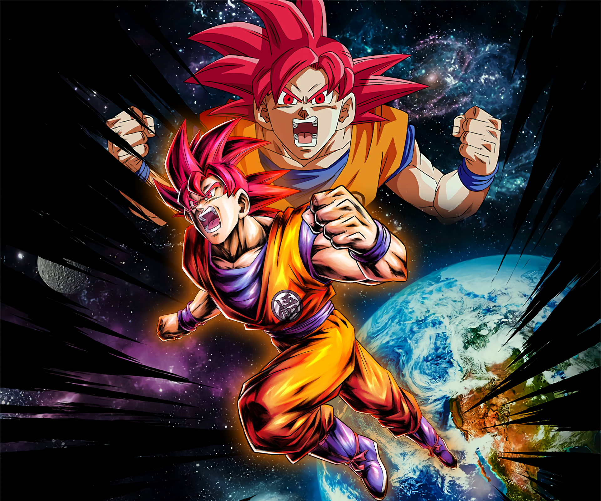 HD PC wallpaper of Goku as Super Saiyan God from Dragon Ball Super, powering up in a fiery red aura above Earth in a dynamic anime action pose.