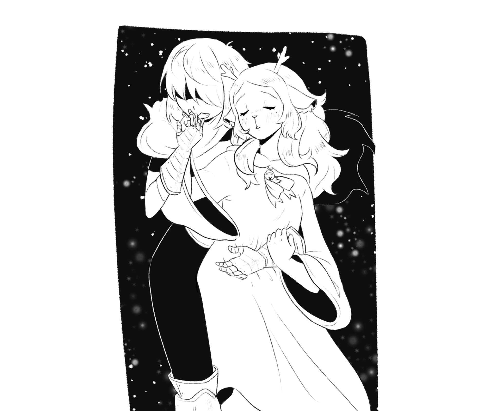 Monochrome HD PC desktop wallpaper of Noelle Holiday and Kris from the video game Deltarune sharing a gentle embrace against a starry black background.