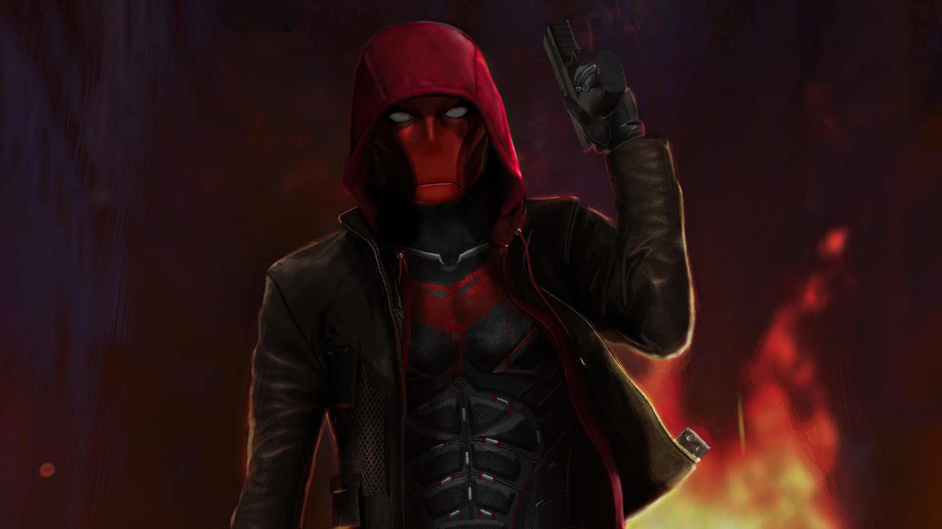 4K Ultra HD PC desktop wallpaper featuring Red Hood from DC Comics in a dark hooded jacket with a fiery background.