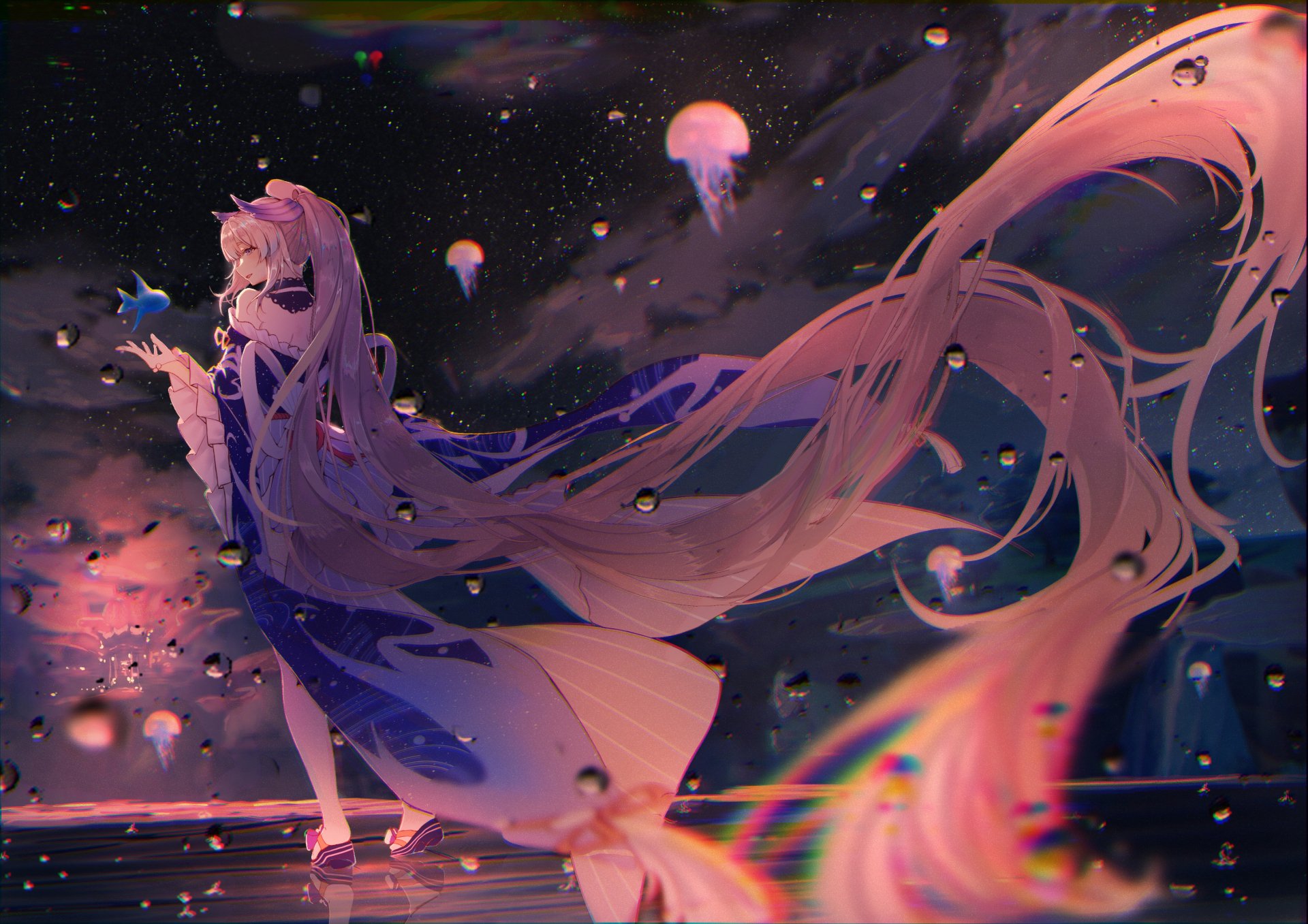 HD PC wallpaper of Sangonomiya Kokomi from Genshin Impact, featuring her long flowing hair against a dark, mystical underwater backdrop with glowing jellyfish.