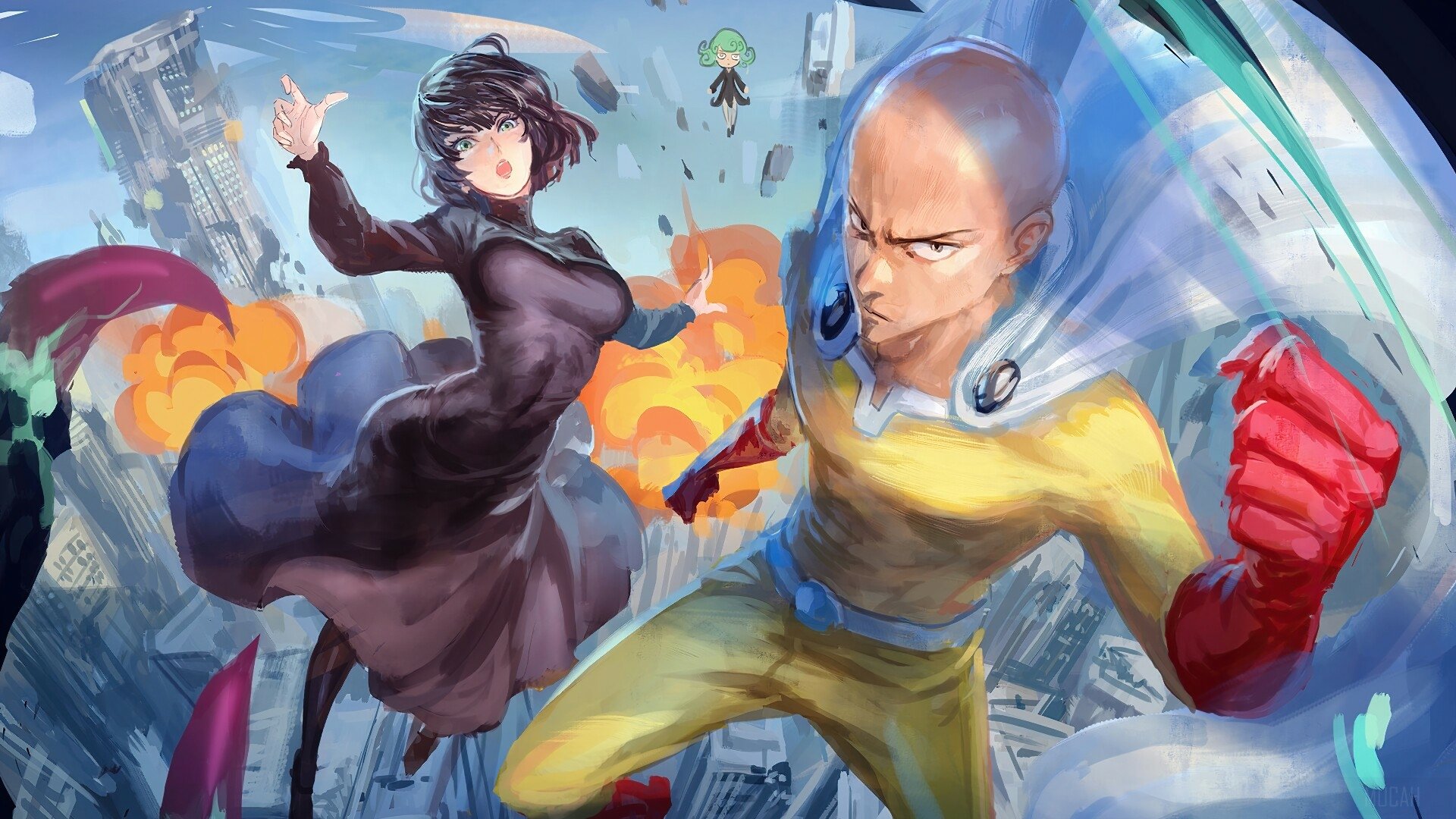 HD PC desktop wallpaper featuring Saitama and Fubuki from the anime One-Punch Man in dynamic action poses above a cityscape.